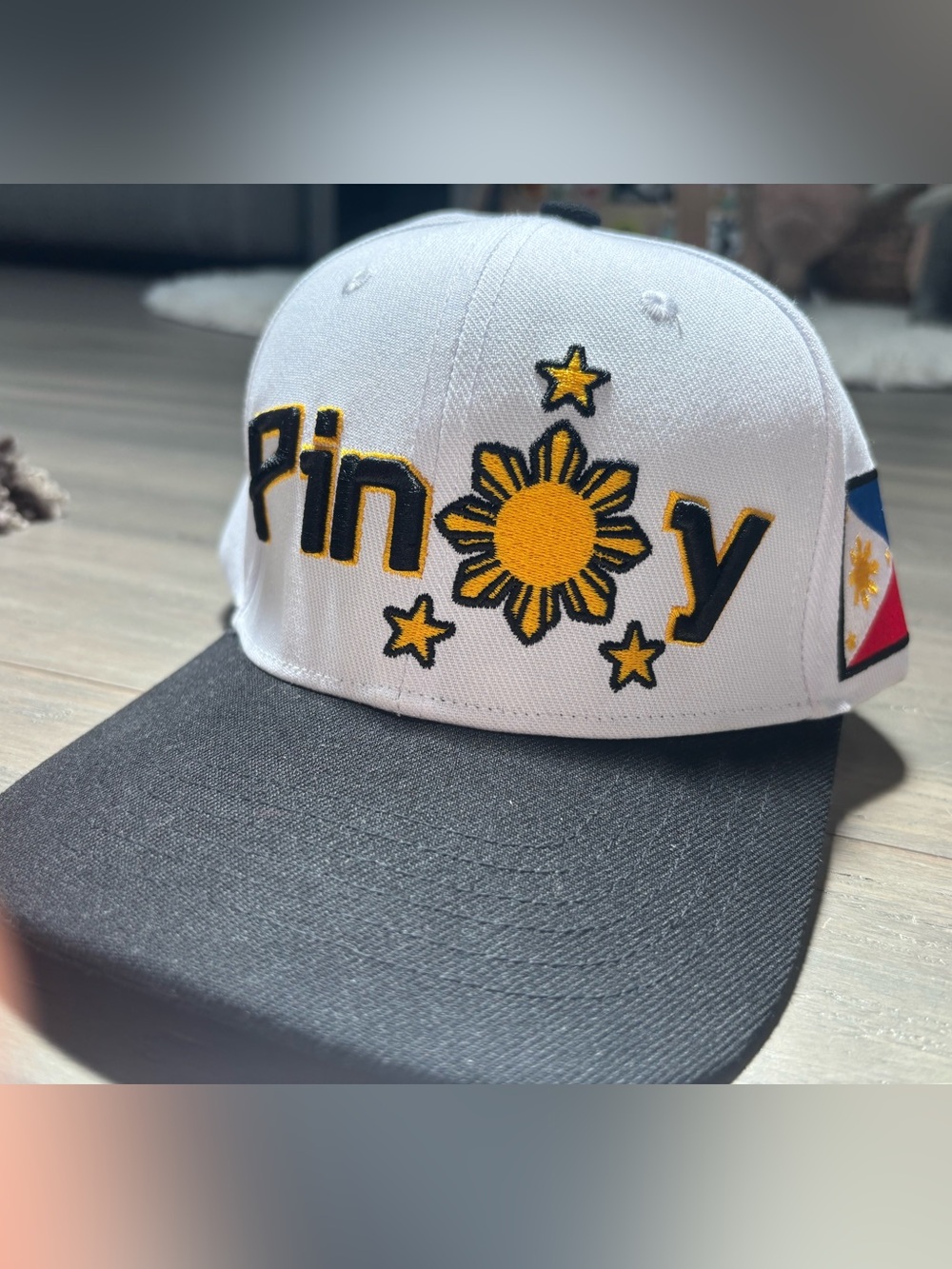 White and Black 'PINOY' Embroidered Snapback Hat with Sun Design Philippines